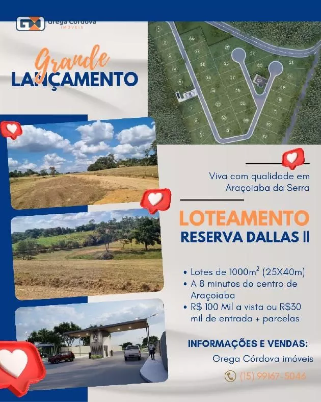 Lançamento condomínio Reserva Dallas II, terrenos de 1.000 M2 em Araçoiaba da Serra.